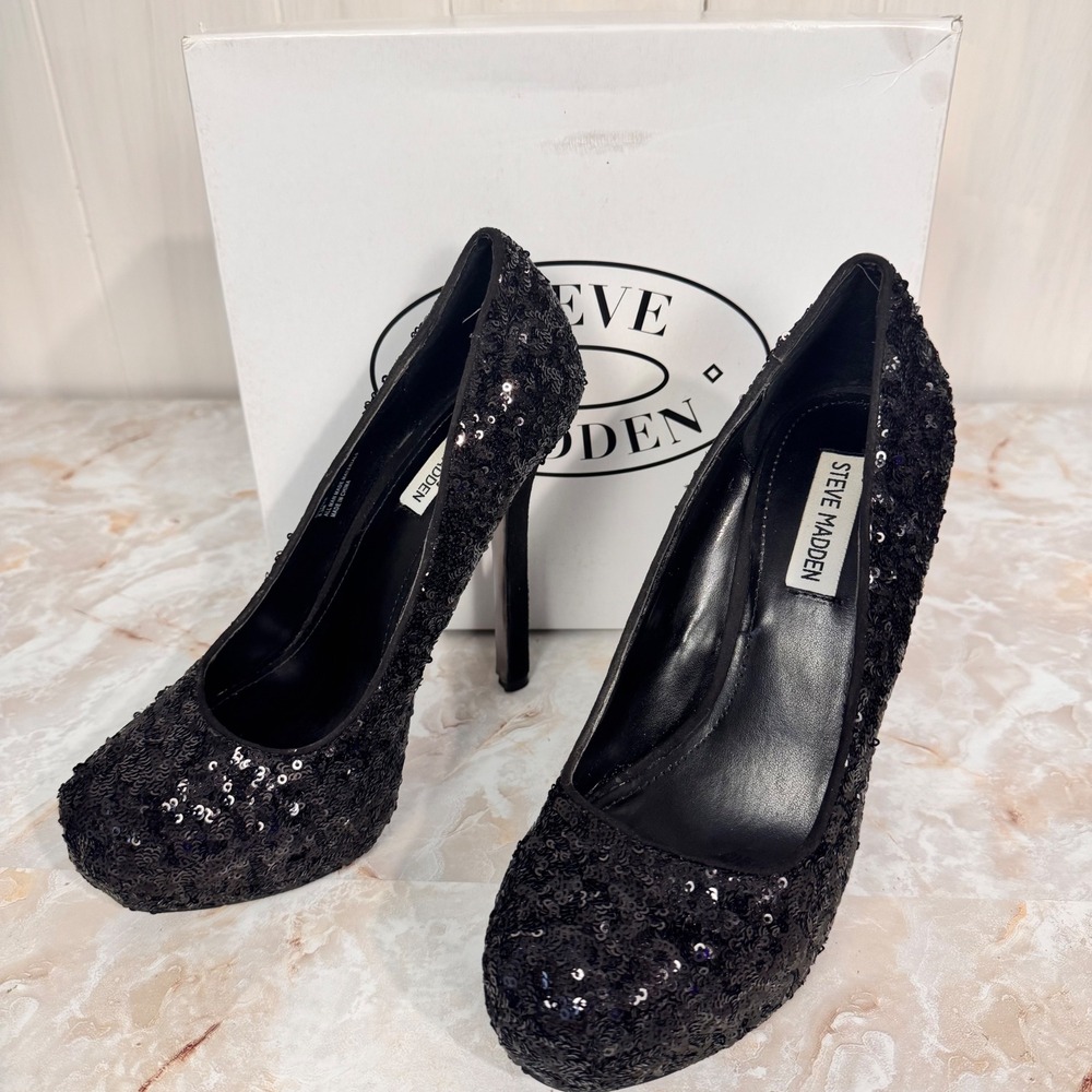 Steve Madden Bittter Pump Womens 8.5 Black Sequin Platform Stiletto Party Prom